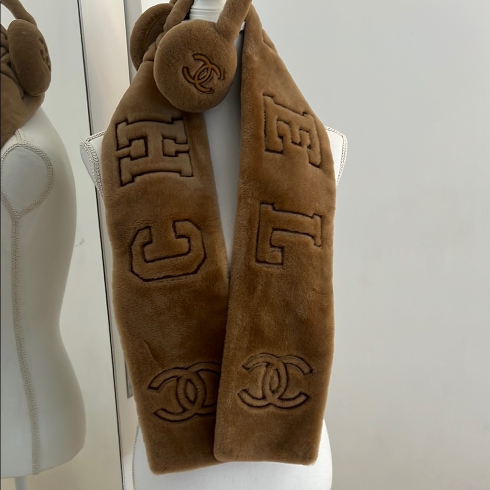 CHANEL Brown Luxurious Textured Shearling Scarf and ear muffs
